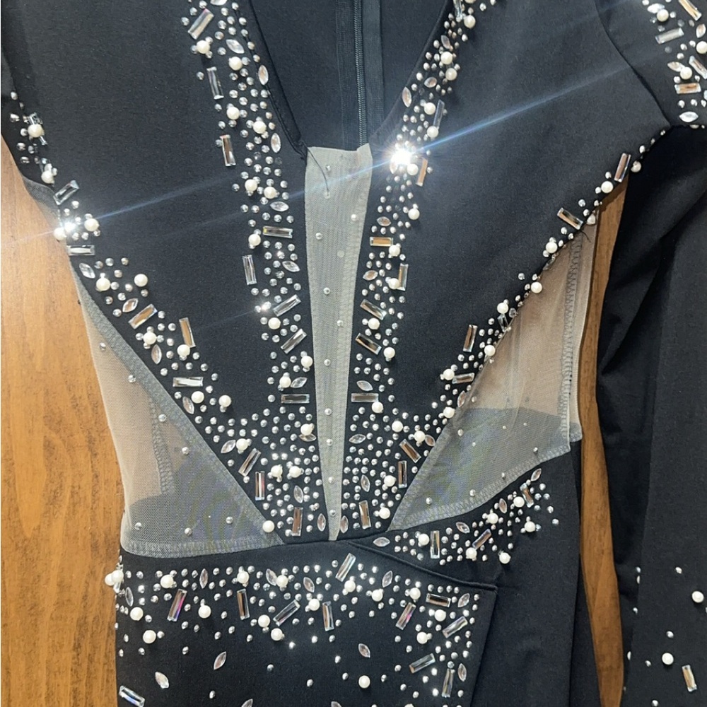 Black Embellished Dress with Mesh Details